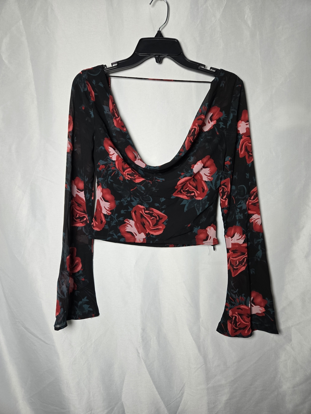 Princess Polly Black Floral Cowl Crop Top with Red Roses